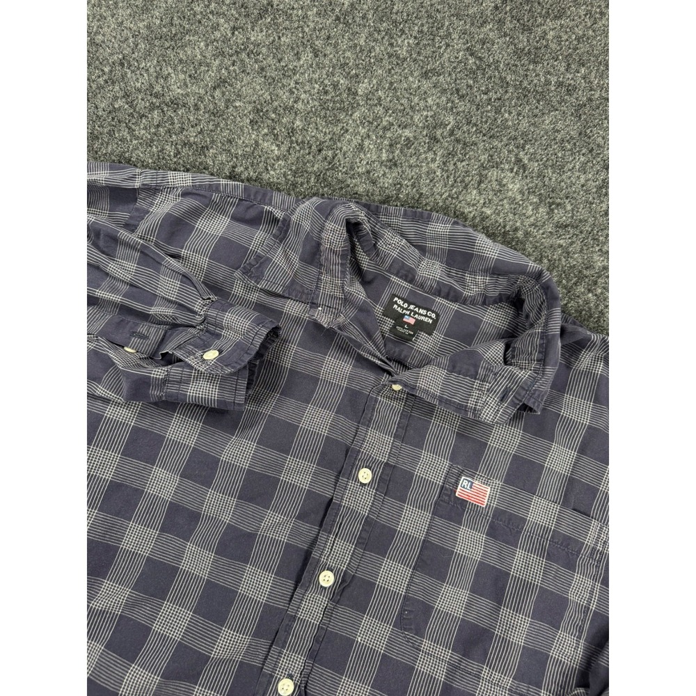Polo Jeans Co Ralph Lauren Plaid Button Up Shirt Mens Large Blue Cotton USA Flag